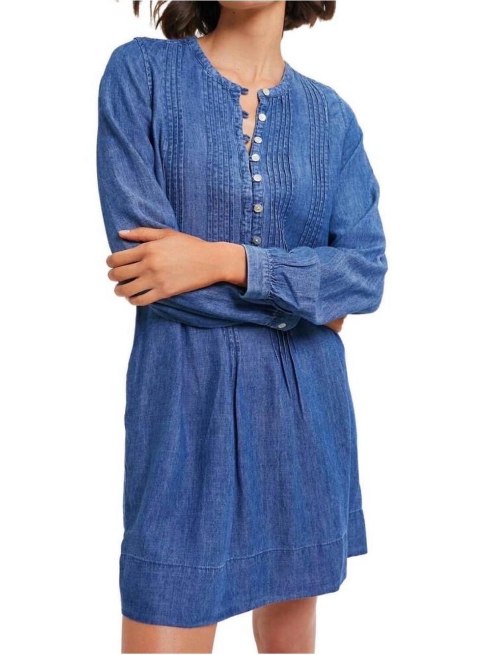 Faherty Indigo Dye Long Sleeve Isha Dress Dark Rain Wash Linen Blend
